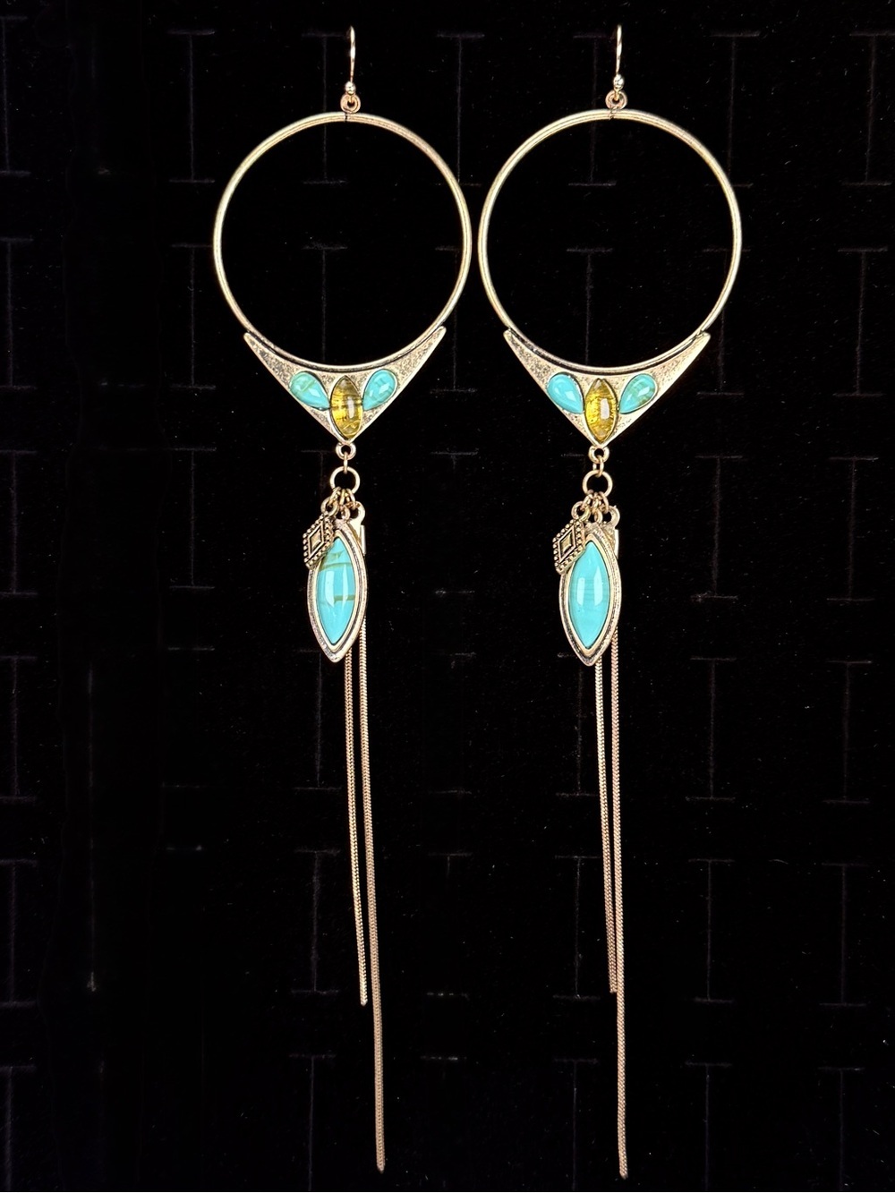 Bohemian Chic Aged Goldtone Long Pierced Drop Hoop Earrings